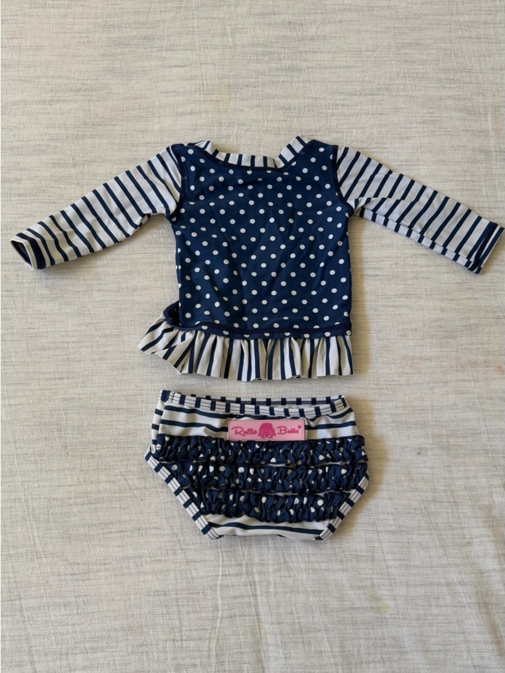 Ruffle Butts Navy & White Polka Dot and Stripe Swim Set